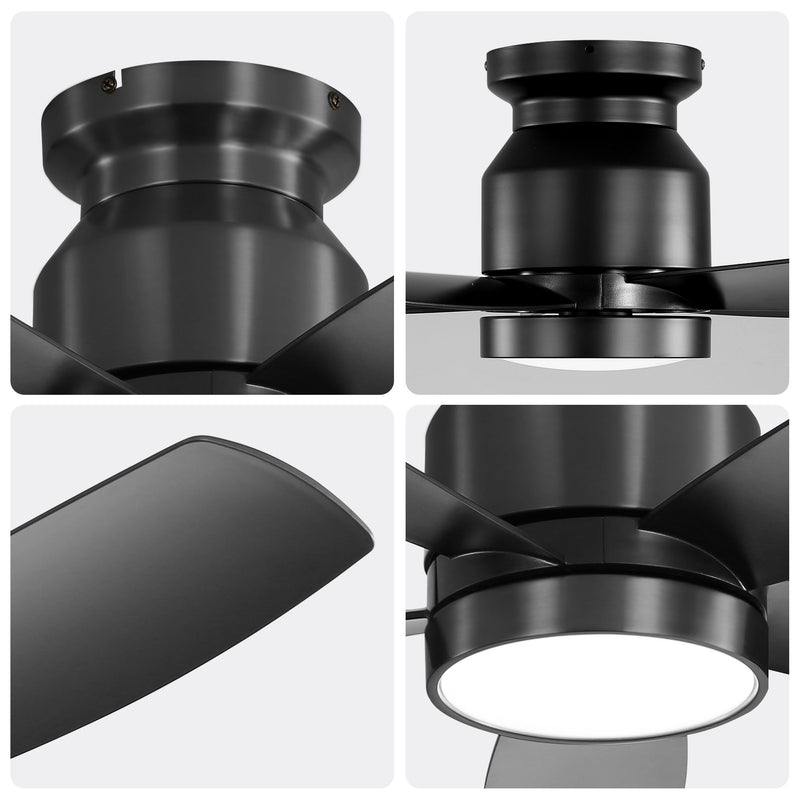 Flush Mount Ceiling Fan With LED Light 22W And Remote Control Blades For Indoor Use - Black