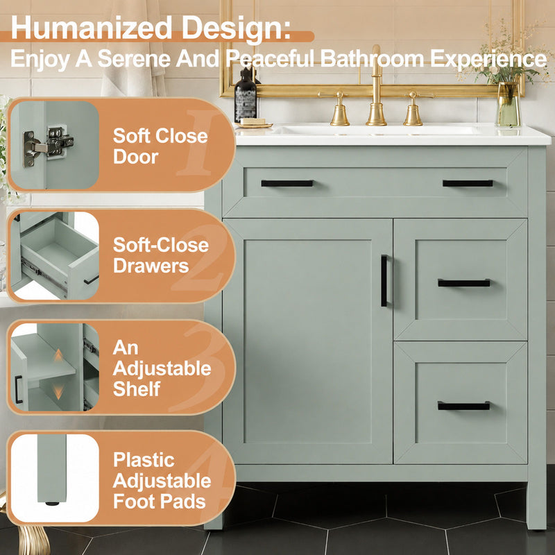 Bathroom Vanity With Sink, 2 Soft Close Drawers, 1 Soft Close Door, Adjustable Shelf