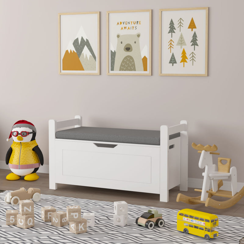 Kids Toy Box Chest Storage Cabinet With Cushion Seat Bench Flip Top Lid Safety Hinge - White