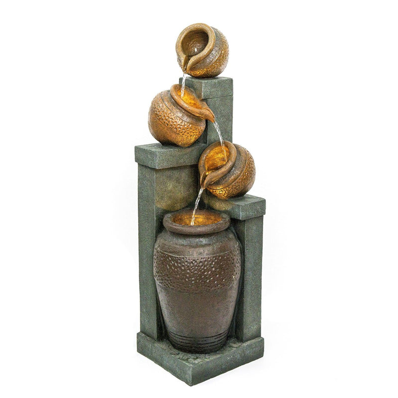 4 Tier Outdoor Water Fountain With Warm LED Lights For Patio - Brown / Tan