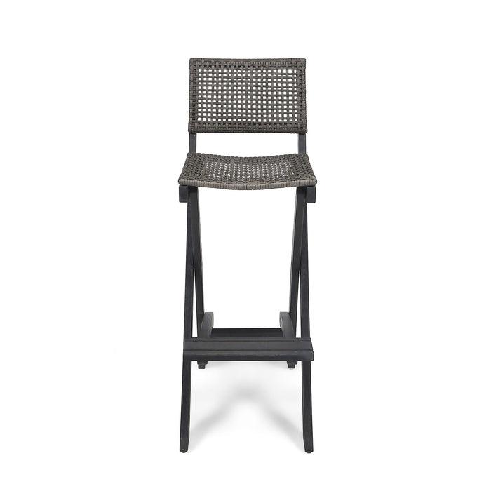Outdoor Folding Acacia Wood Barstools With Rattan Backrest And Seat, (Set of 2) - Dark Gray