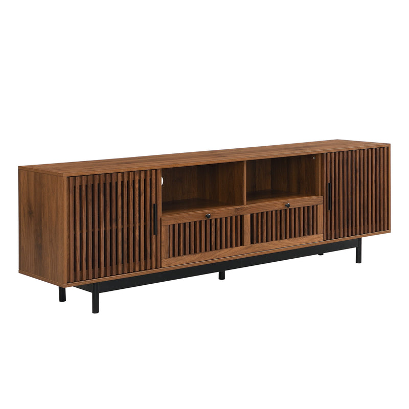 TV Stand, Entertainment Center With Slatted Doors, Cable Management, Soft Closing Hinges - Walnut