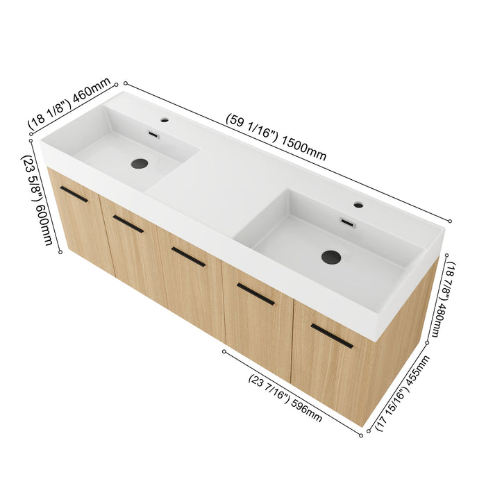 Floating Double Sink Bathroom Vanity Set With Tall Linen Cabinet, Extra Large Storage, Integrated Sink, Soft Close Doors - Glossy White / Light Oak