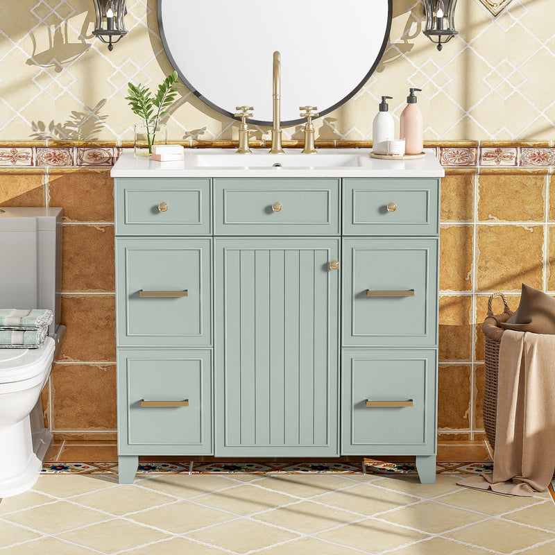 Bathroom Vanity With Ceramic Sink, Soft Close Doors, Adjustable Shelves
