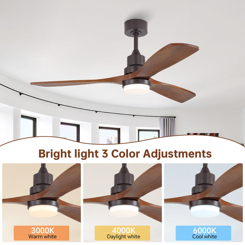 52" Ceiling Fan With LED Light, 3 Adjustable Color Temperatures, Reversible DC Motor For Living Room & Bedroom - Coffee