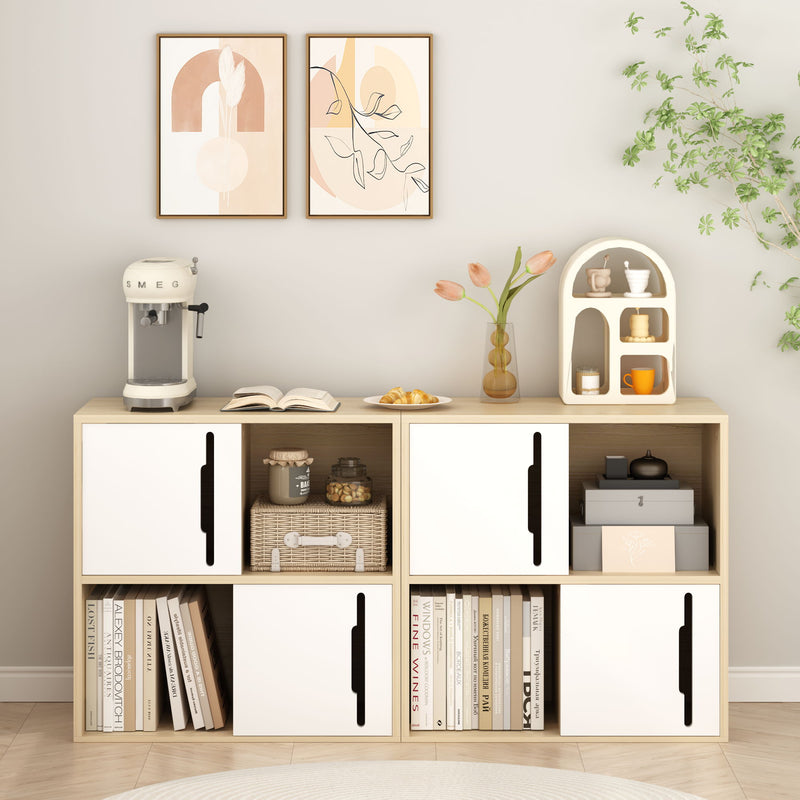 Storage Cabinet With Sliding Doors, 2 Tier Open And Closed Shelves Organizer - Natural / White