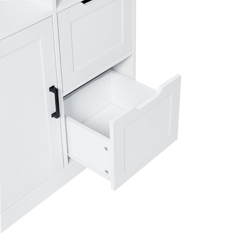 Freestanding Bathroom Storage Cabinet With Doors And Drawers, Adjustable Shelf, Open Shelves - White