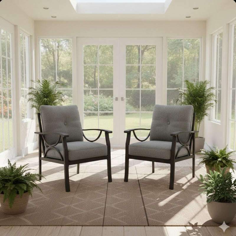 All Weather Armchairs With Cushions, Sculptural Design (Set of 2) - Gray / Khaki