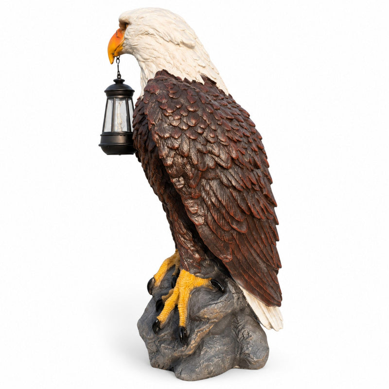 Solar Powered Bald Eagle Statue With Lantern, Outdoor Garden Decor - Black Brown