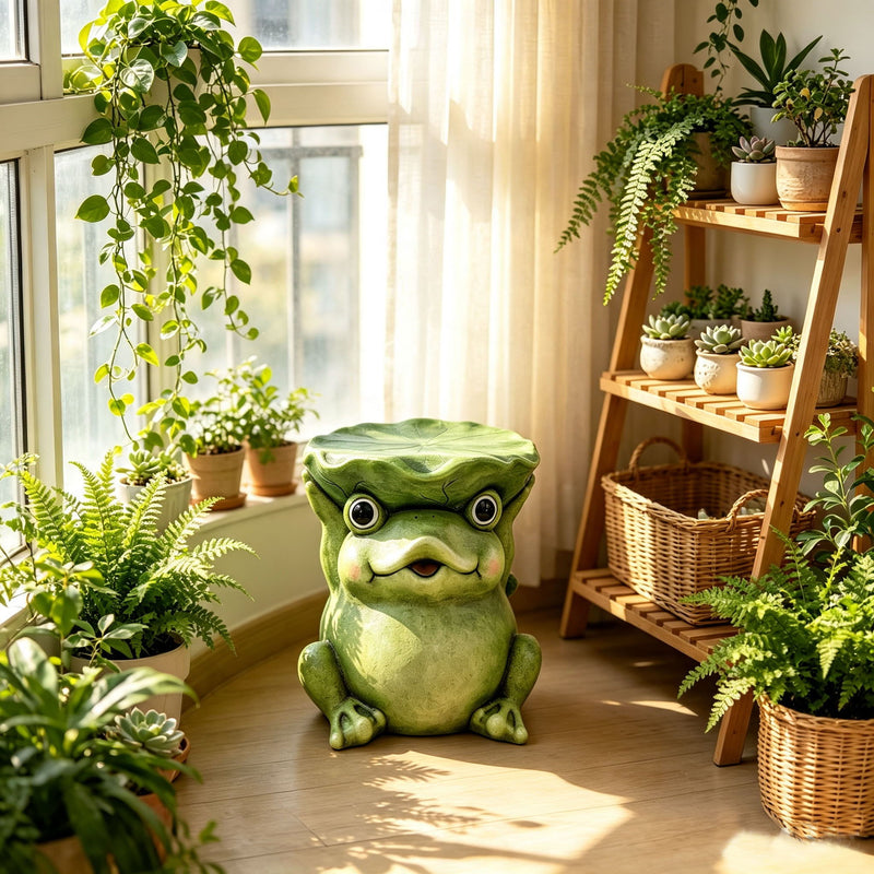 12'' Cute Frog Statue With Lotus Leaf Hat, Cartoon Animal Figurine Decor, Outdoor Garden Landscape Sculpture Ornament For Front Porch, Backyard Lawn, Patio, Walkway Home Decor