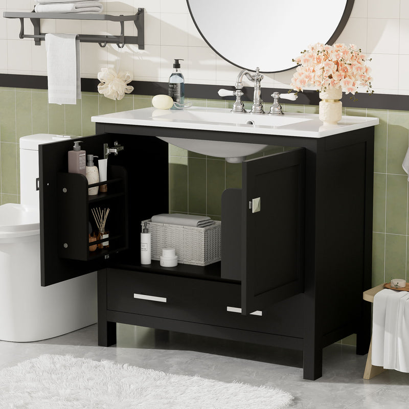 Bathroom Vanity With Sink, Soft Close Doors, Double Shelves & Divided Drawer
