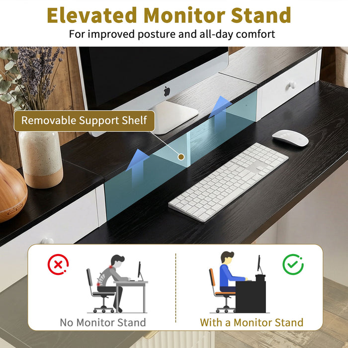 Fluted L-Shaped Desk With Charging Station & Storage Cabinet
