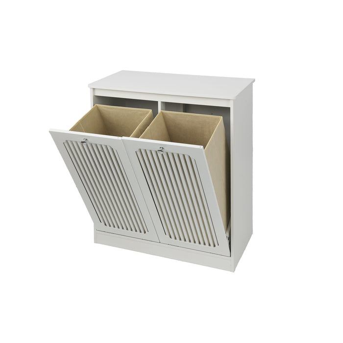 Louvered Flip Top Laundry Cabinet With Dual Fabric Baskets - White