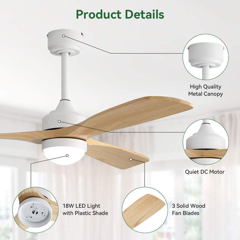 52" Ceiling Fan With Dimmable LED Light, 6 Speed DC Motor, 3 Blades