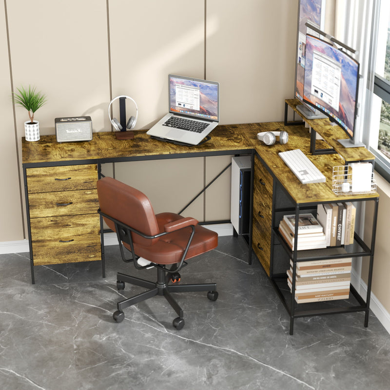 Industrial L Shaped Computer Desk With Power Outlets & USB-C, 6 Fabric Drawers, 3 Open Shelves, Movable Monitor Stands - Brown