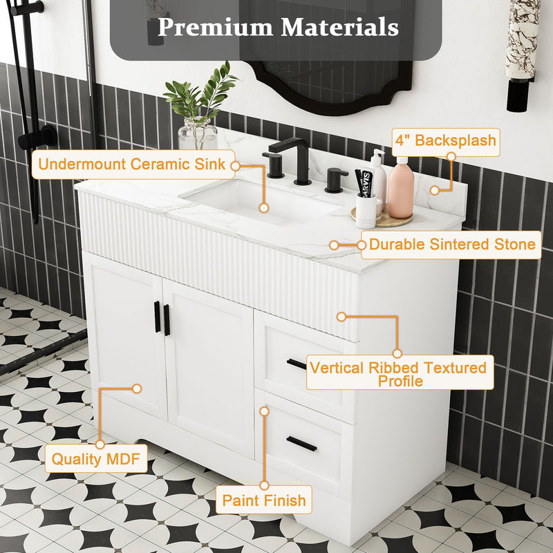 Bathroom Vanity Set, Fluted Cabinet With Soft Close Doors & Drawers, 3 Faucet Holes, Sink Included - White