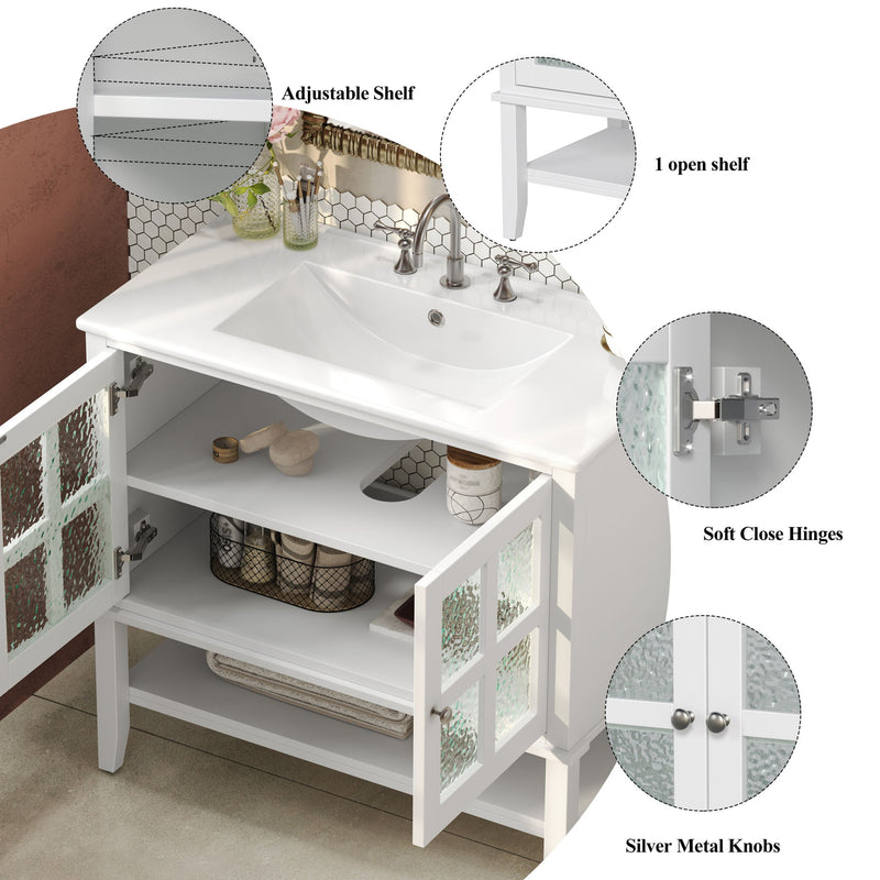 Bathroom Vanity With Ceramic Sink, Adjustable & Open Shelf