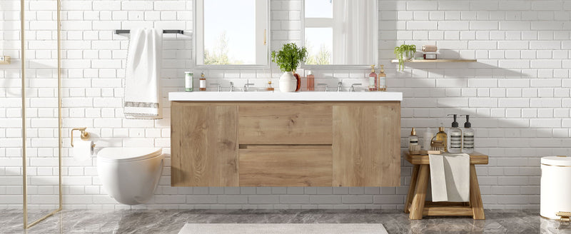 Double Sink Bathroom Vanity, Cabinet & Soft Close Doors, Divided Drawers, Wall Mounted Storage - Wood