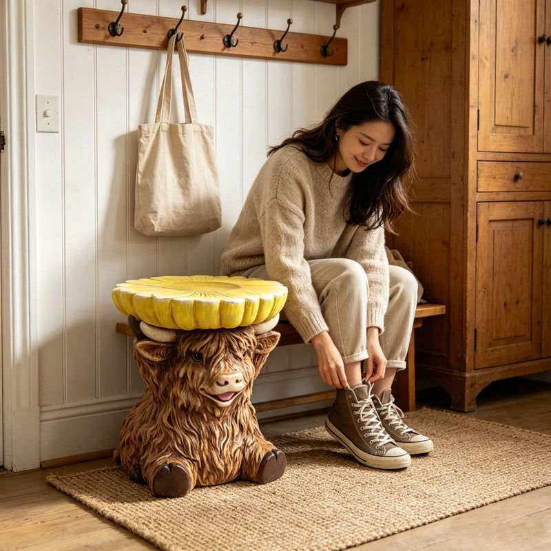 14'' Brown Highland Cow Stool With Yellow Sunflower Top, Cute Farm Animal Side Table Decor, Indoor & Outdoor Creative Figurine Seat For Patio, Garden, Living Room Home Decor