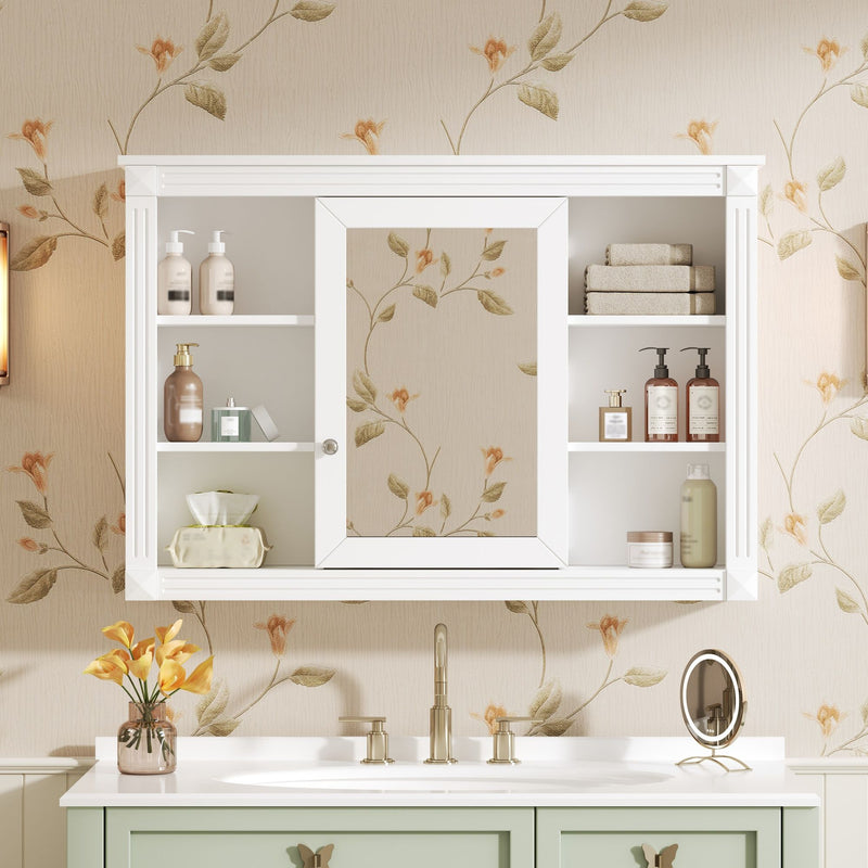 Wall Mounted Bathroom Storage Cabinet With Mirror, Medicine Cabinet With 6 Open Shelves And Adjustable Interior - White