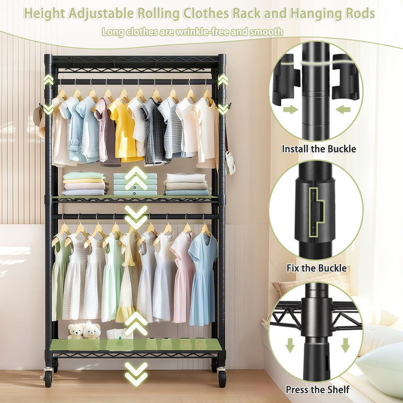 Heavy Duty Rolling Clothes Rack With 3 Tier Shelves, 2 Rails & Side Hooks, Adjustable Freestanding Organizer Metal - Black