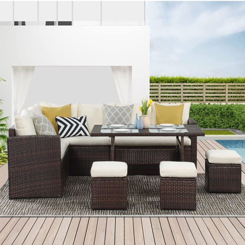 7 Piece Patio Dining Set With Cushions, Modular Sectional Sofa & Storage Table