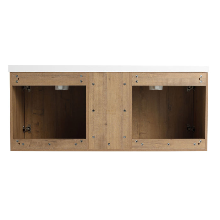 48" Wall Mounted Bathroom Vanity With Double Resin Sink And Storage Rack Soft Close Doors - Imitative Oak