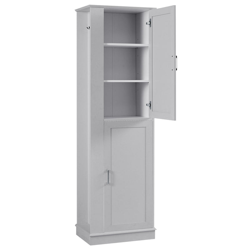 Tall Freestanding Bathroom Storage Cabinet With Adjustable Shelves And Side Hooks