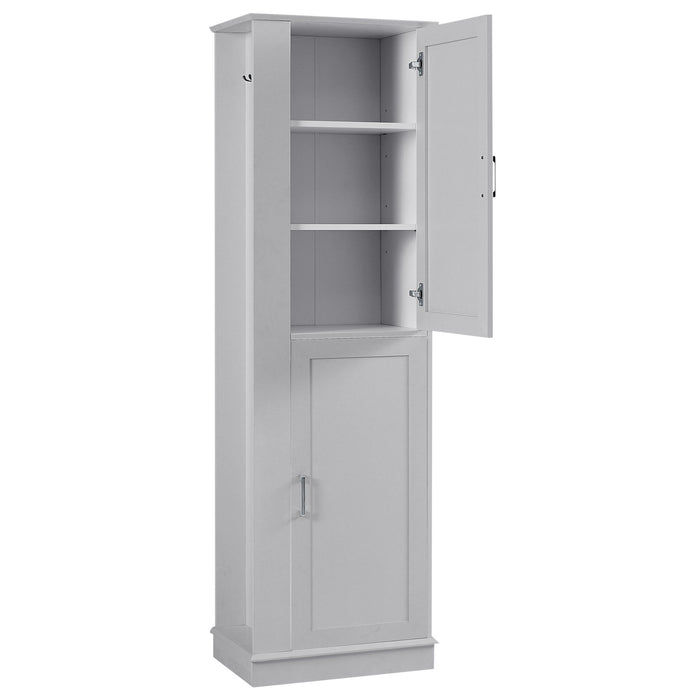 Tall Freestanding Bathroom Storage Cabinet With Adjustable Shelves And Side Hooks
