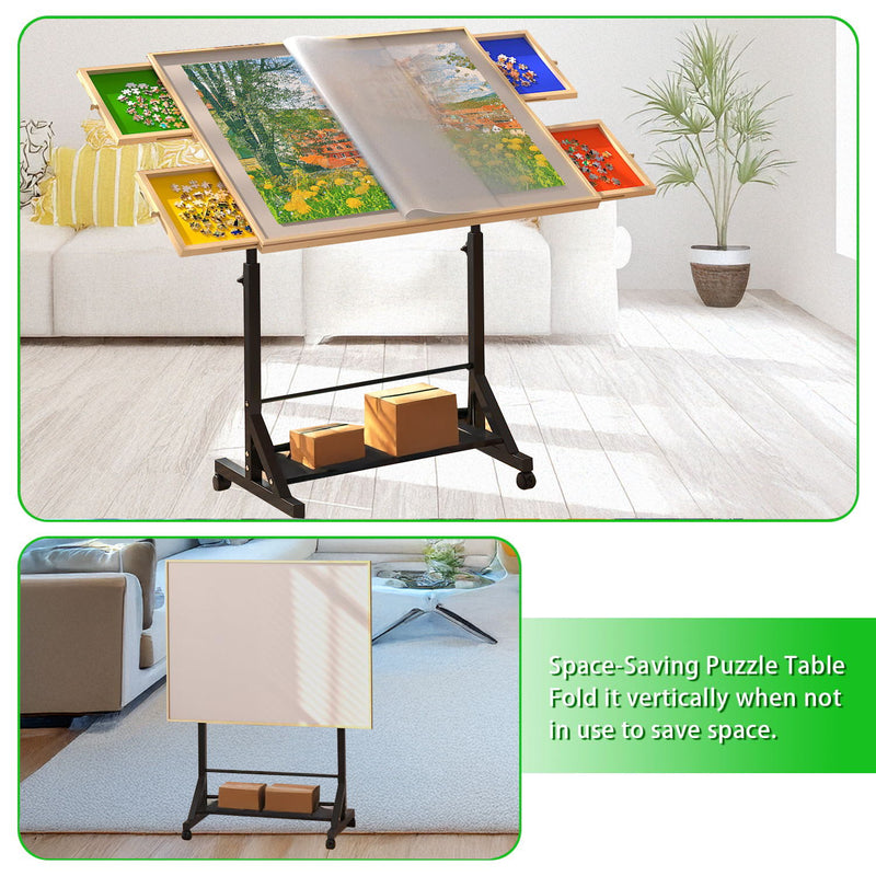 360 Degree Tilting Wooden Puzzle Table With 1500 Pieces, Rolling Design With Adjustable Height, Drawer, And Protective Cover - Black / Natural Wood