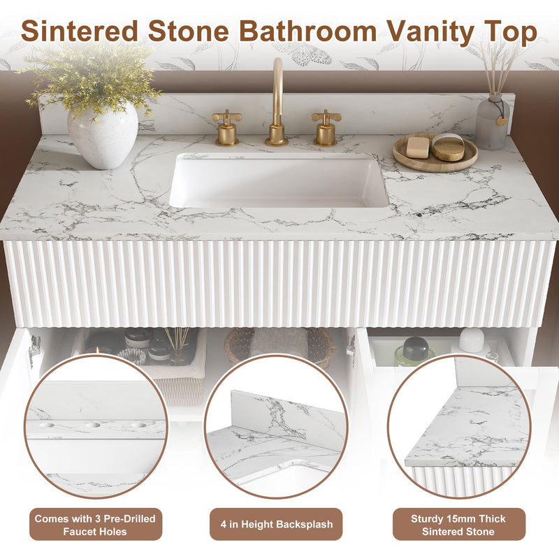 Bathroom Vanity Set, Fluted Cabinet, Soft Close Doors & Drawers, 3 Faucet Holes, Sink Included - White