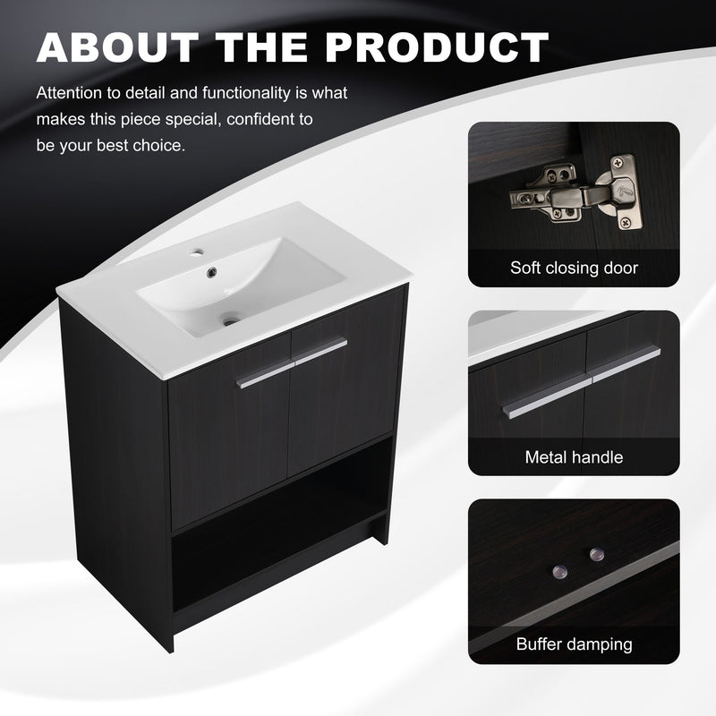 Modern Bathroom Vanity With Ceramic Sink, Freestanding Cabinet, Soft Closing Doors