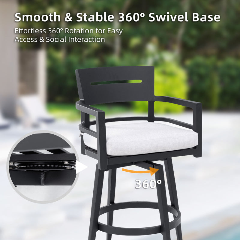 Modern Outdoor Patio Bar Set, Rounded Square Table & Bar Chairs, Non Rust Frame, Tapered Legs, Sunbrella Cushion