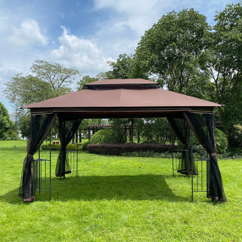 13 0 Outdoor Patio Gazebo Canopy Tent With Ventilated Double Roof And Mosquito Net (Detachable Mesh Screen On All Sides) Suitable For Lawn Garden Backyard And Deck Top - Brown