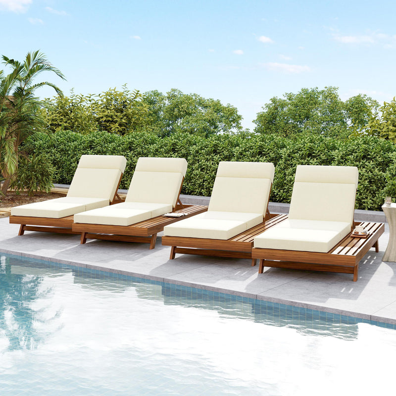 Acacia Wood Lounge Chaise Set With Headrest And Water Resistant Cushions - Beige