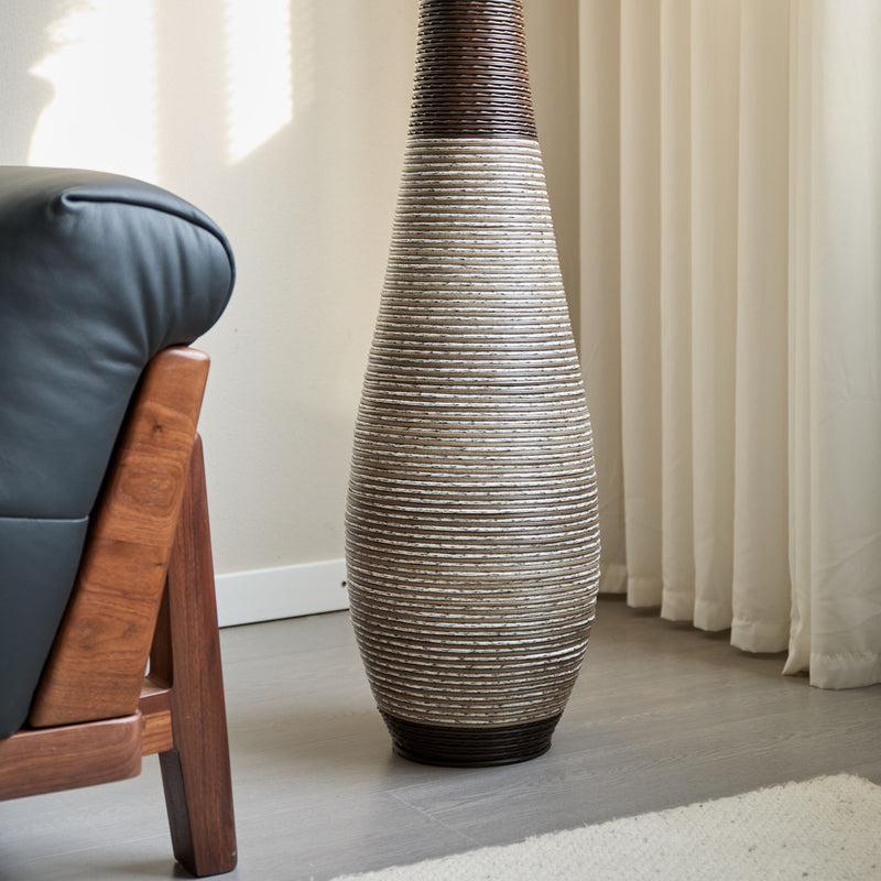 Tall Standing Designer Floor Vase Durable Artificial Rattan Elegant 2 Tone Finish Ideal Decor Accent For Living Room, Bedroom, Entryway Stylish Home Decor Statement Piece - Black / Gray