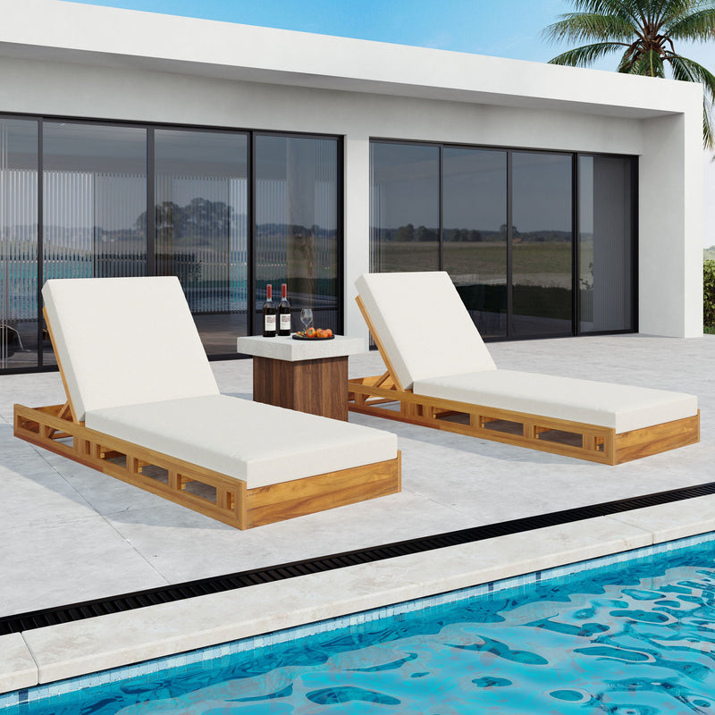 Premium Acacia Wood Lounge Chaise Set With Water Resistant Cushions, Adjustable Recline - Cream / Teak