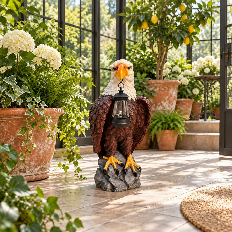 Solar Powered Bald Eagle Statue With Lantern, Outdoor Garden Decor - Black Brown