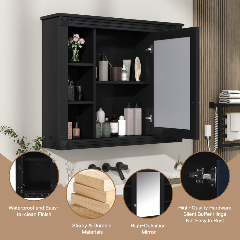Wall-Mounted Bathroom Storage Cabinet With Mirror, 6 Open Shelves - Black