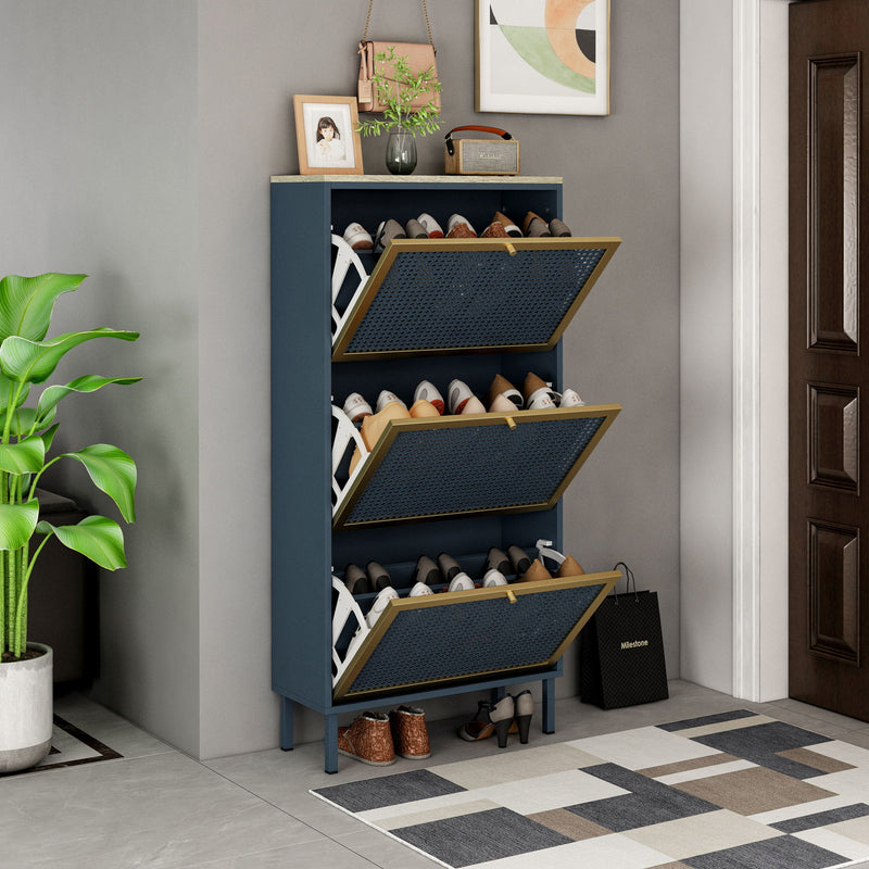Modern Rattan 3 Door Shoe Rack Cabinet For Entryway