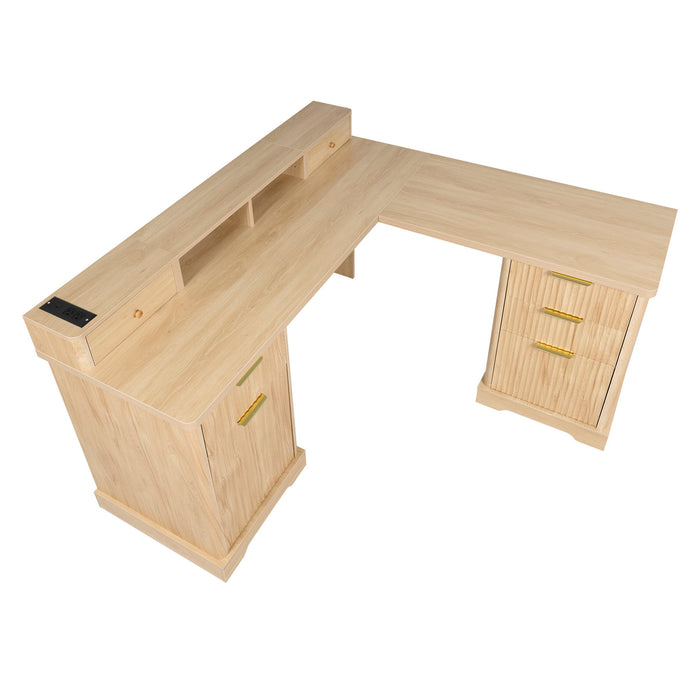 Fluted L-Shaped Desk With Charging Station & Storage Cabinet