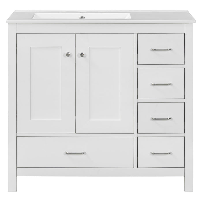 Bathroom Vanity With Ceramic Sink Combo, Abundant Storage Cabinet 2 Soft Close Doors And 5 Drawers