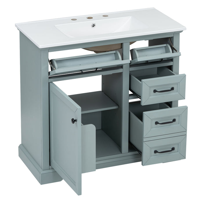 Bathroom Vanity With Ceramic Sink, Freestanding Design, 2 Tip Out Drawers, Soft Close Hinges - Gray