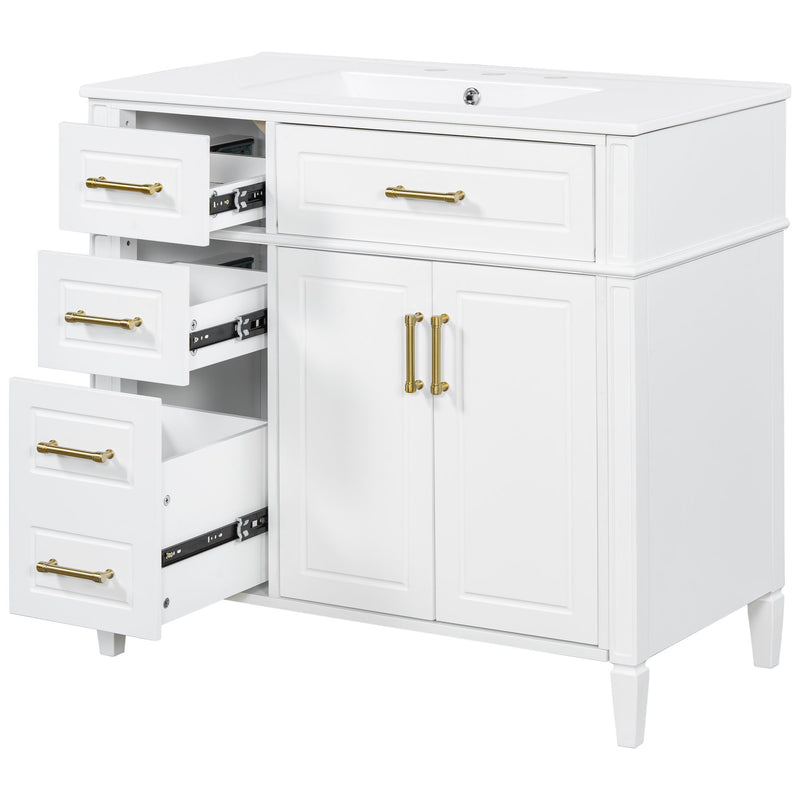 Bathroom Vanity With Sink, 4 Drawers (1 Flip Drawer), 2 Doors & Adjustable Shelf - White