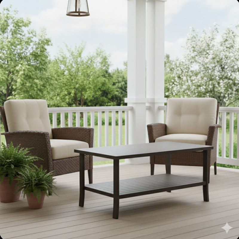 Rectangular Outdoor Coffee Table, 2 Tier All Weather Patio Table - Brown
