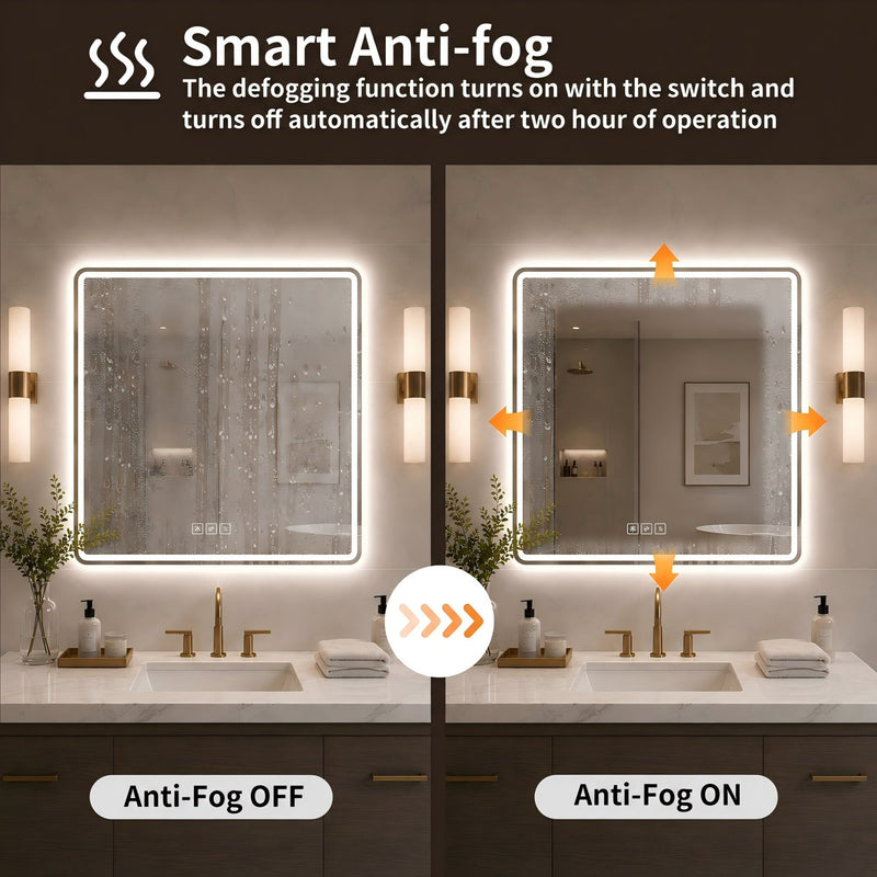 36 X 36 LED Bathroom Mirror With Dimmable Frosted Light Band, 3 Color Temperatures, Anti Fog, Memory & Auto Off - Silver