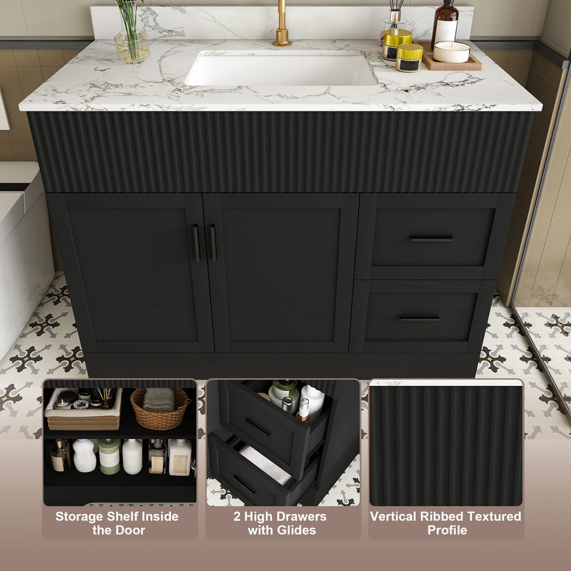 Bathroom Vanity Set, Fluted Cabinet, Soft Close Doors With Drawers, Single Faucet Hole, Sink Included - Black