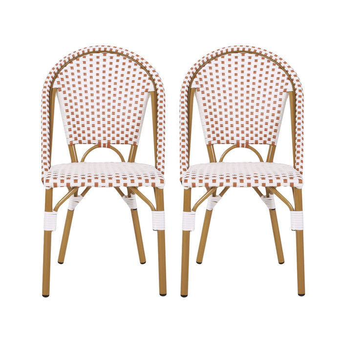 Outdoor Rattan And Aluminum French Bistro Chairs (Set of 2) Bamboo Print - Rust Red / White