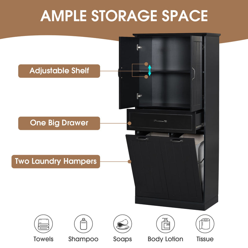 Modern Bathroom Storage Cabinet With Two Laundry Baskets, One Drawer, Adjustable Shelf