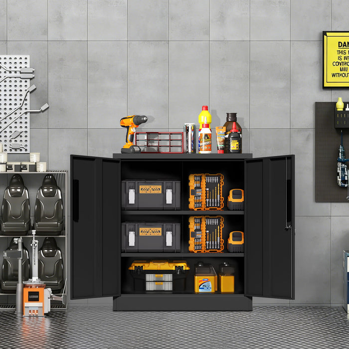 Heavy Duty Storage Cabinet With Lock, 2 Door File Cabinet With 2 Adjustable Shelves - Black